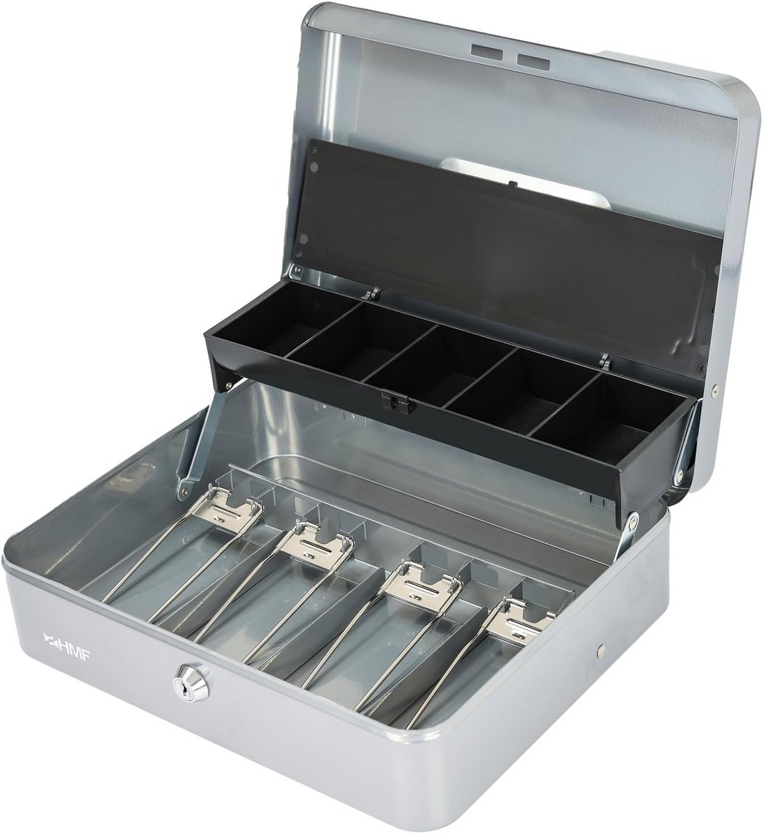 Geldkistje - Geldcassette - Veilig Geld Bewaren - Met Munteninzetstuk - 30 x 24 x 9 cm - Zilver