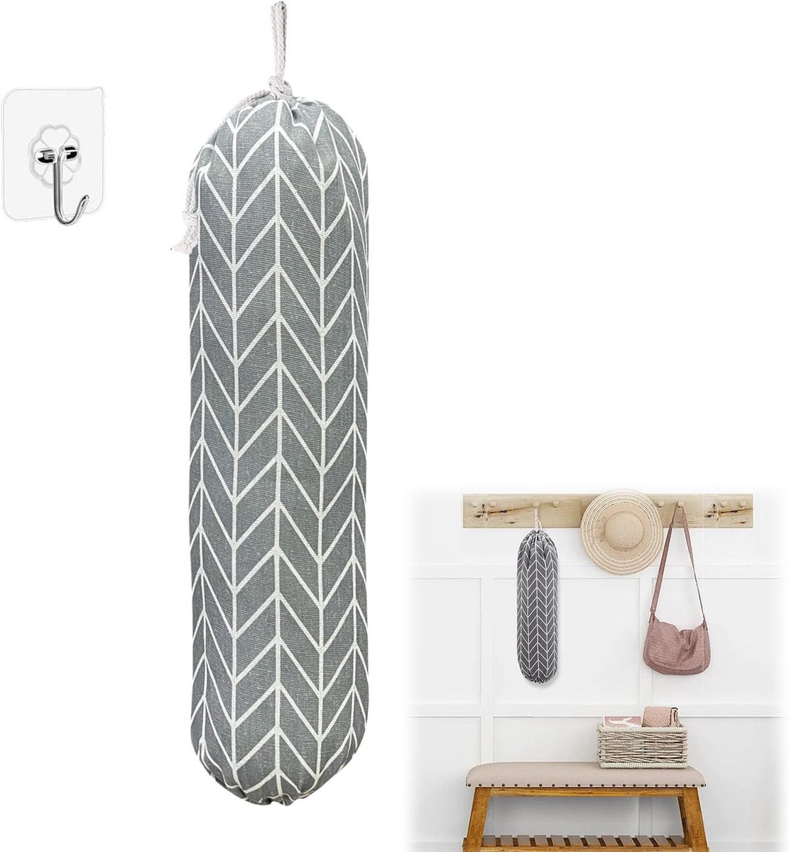 Dailygoods- Zakhouder Hoogwaardig Katoen/Linnen - Wandgemonteerde Afvalzakhouder - Opvouwbare Organizer - Hangende Zakverzamelaar - 55 x 23 cm - Herbruikbaar met Trekkoord - Tasdispenser