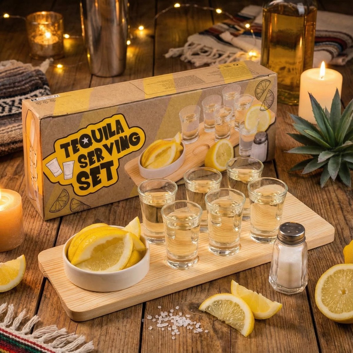 Dailygoods- Tequila-serveerset 9-delig - Houten Tequilaplank - 6 Borrelglazen - Zoutvaatje - Aardewerk schaal - Borrelglashouder - Tequila Set