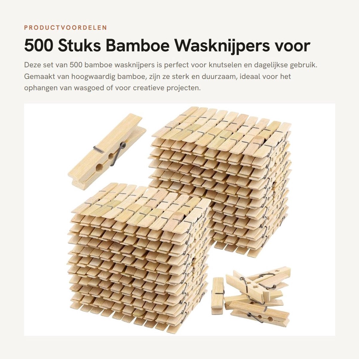 Dailygoods- Bamboe Haringen 500 Stuks - Kleine Houten Wasknijpers - Duurzaam - Compact - Winddicht - Hoogwaardig Materiaal