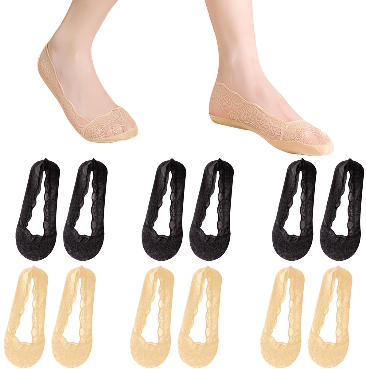 Dailygoods- No Show Sokken Dames - 6 Paar - Onzichtbare Sokken - Antislip - Ademend - Lichtgewicht - Zijden Materiaal