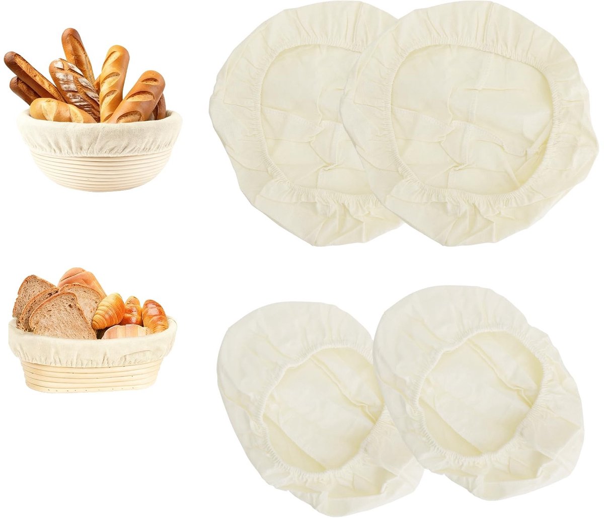 Dailygoods- Deegdoek 4 Stuks - Ronde/Ovale Bakaccessoires - Puur Bakkerslinnen - Antiaanbak/Fermentatiedoek - Katoenlinnen - Afmetingen 25 x 25 cm / 25 x 15 cm - Brooddoek