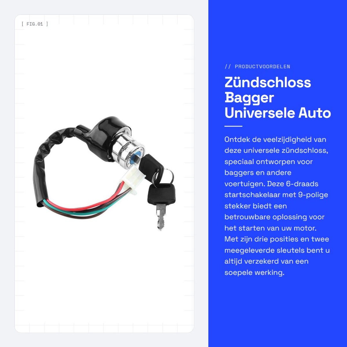 Dailygoods- Zündschloss Universeel - 6-Draht - 9-polige Stekker - Zündschalter - 3 Posities - 2 Sleutels - Startschakelaar