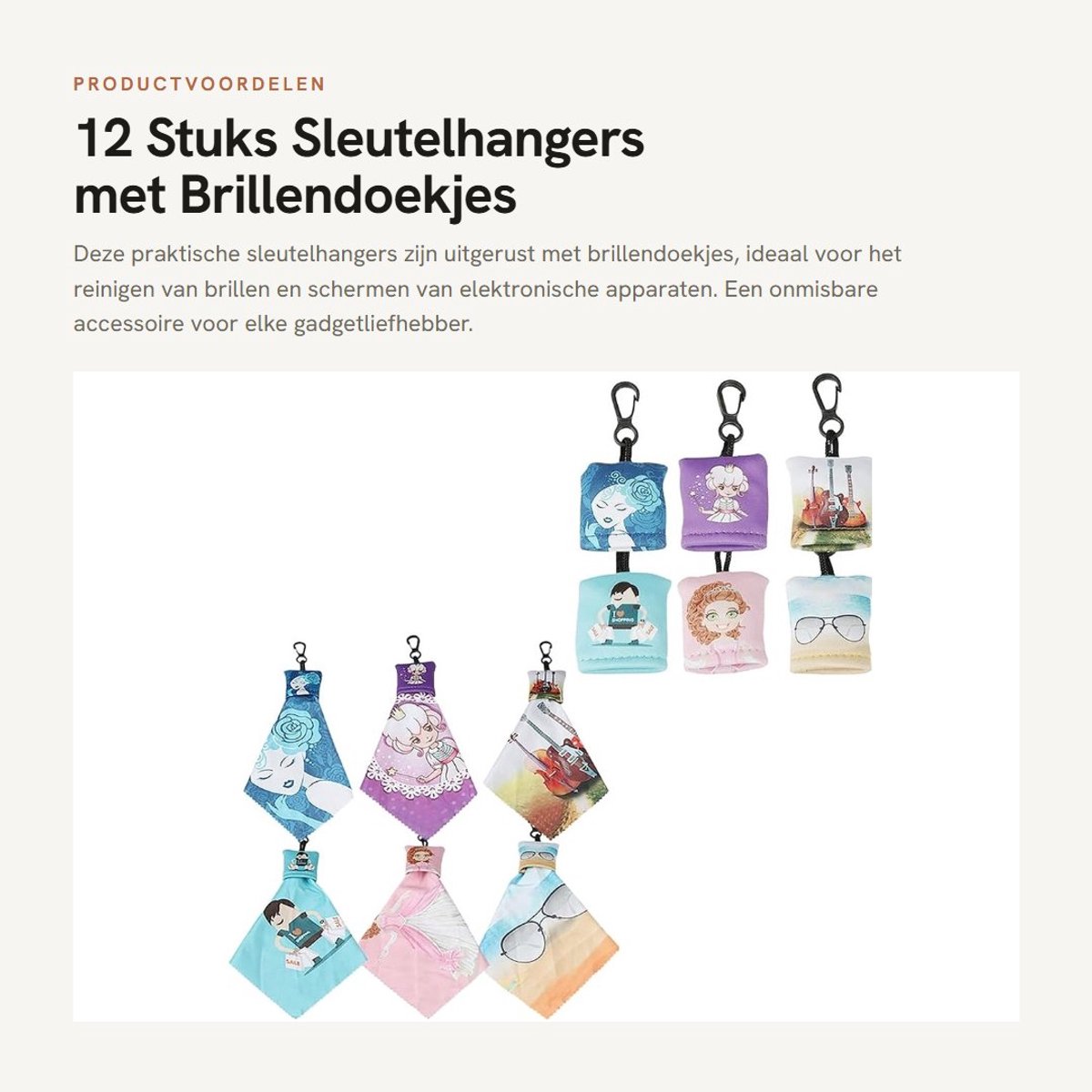 Dailygoods - 12 Stuks Sleutelhangers met Brillendoekjes voor Schermen en Brillen