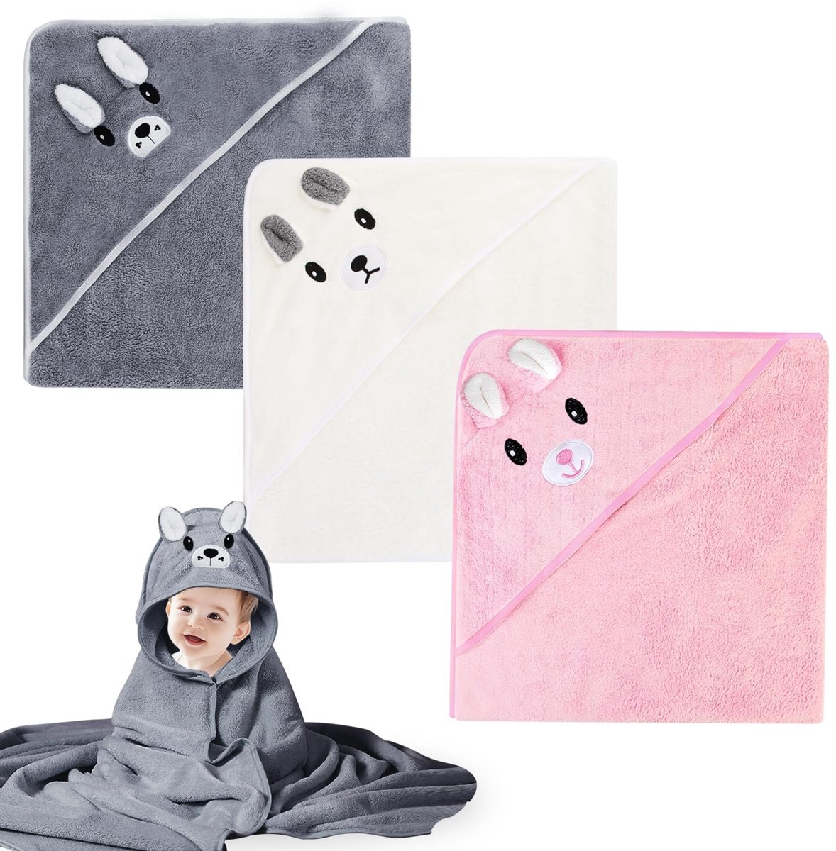 Dailygoods- Babyhanddoek met capuchon - 3 stuks - 80 x 80 cm - Zachte capuchonhanddoek - Dierenpatroon - Herbruikbaar en pluist niet - Badhanddoek