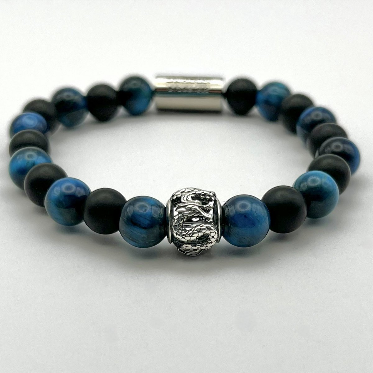 Dragon Bracelets® - Heren Armband - Blauw Tijgeroog - Natuursteen - Zilver