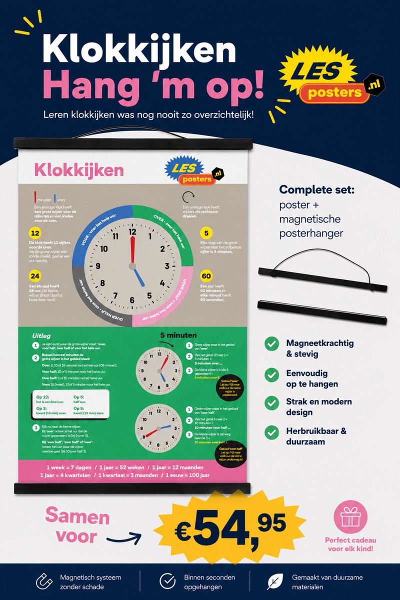 Klokkijken Poster met A1 Magnetische Posterhanger – Analoog Klokkijken Leren voor Kinderen – Educatieve Leerposter – Inclusief Hanger
