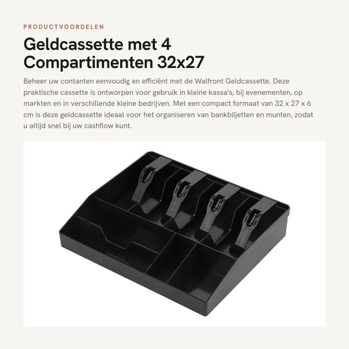 Dailygoods- Geldkassette 32 x 27 cm - 4 Compartimenten - 4 Muntzakken - Plastic - Lichtgewicht 565 gr - Ideaal voor kleine kassa - Cashbox