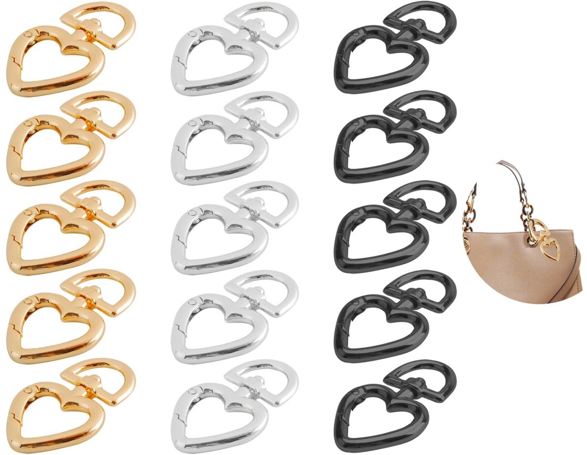 Dailygoods- Sleutelhanger Set 15 Stuks - Karabijnhaak - D-ring - Metalen Hart - 360 Graden Draaibaar - Praktisch Ontwerp - Sleutelring