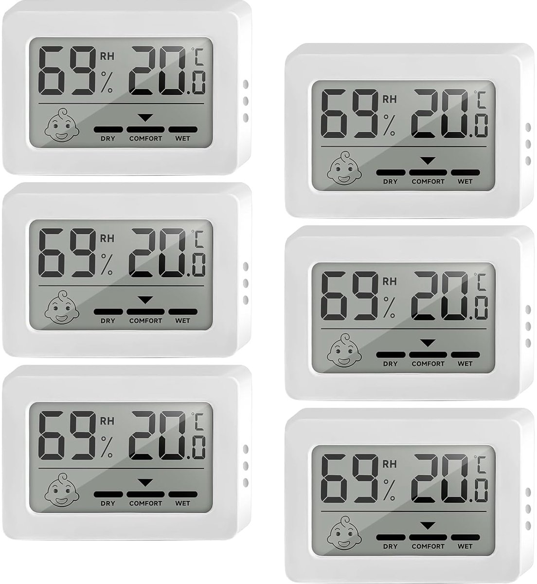 Digitale Thermometer Hygrometer - Mini Luchtvochtigheidsmeter - Klimaat Bewaken - Smiley Indicator - 6 Stuks - Wit