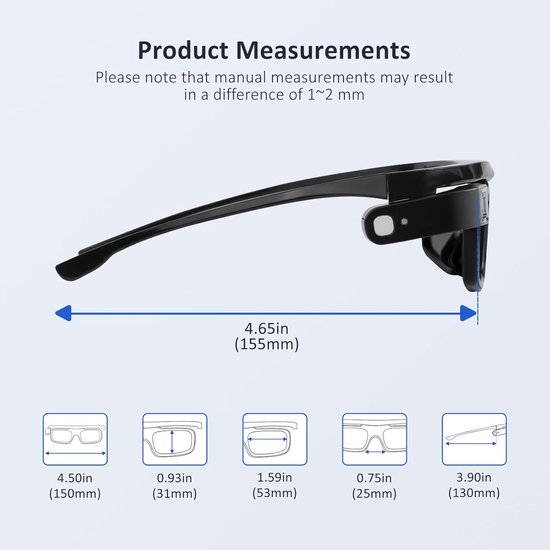 Afmetingen van de zwarte 3D-bril: 4,65 inch (155 mm) breed, 4,50 inch (150 mm) hoog.
