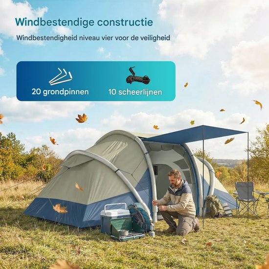 Opblaasbare tent - Opblaasbare glamping tent - Waterdicht - Tot 4 personen - Blauw+Grijs+Lichtbruin - Camping - Tuin - Glamping - 485L x 245B x 188H cm — afbeelding 3