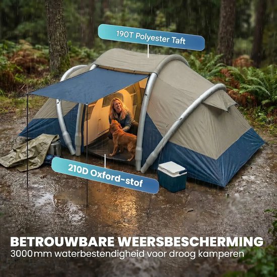 Opblaasbare tent - Opblaasbare glamping tent - Waterdicht - Tot 4 personen - Blauw+Grijs+Lichtbruin - Camping - Tuin - Glamping - 485L x 245B x 188H cm — afbeelding 4