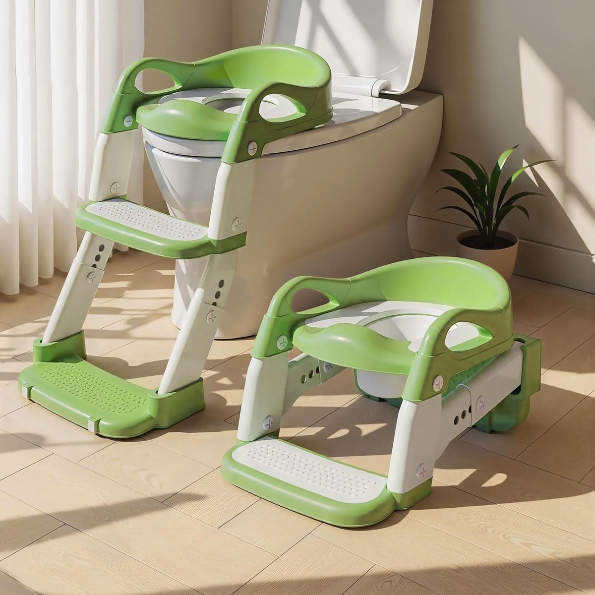 Kinder Toilet Ladder - Potty Training Stoel - Kinderen Zelfstandig - 6 Verstelbare Posities - 7.5 cm Verstelbaar - Groen