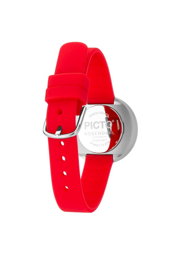 Achterkant van een rood horloge met zilverkleurige kast en merkgegevens.