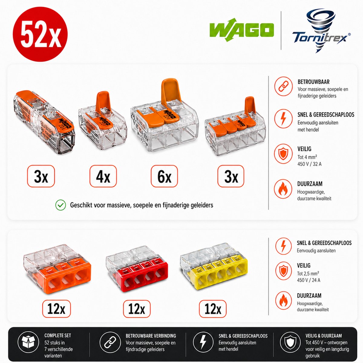 Wago lasklemmen assortiment serie 221 + 2273 (52 stuks) - Tornitrex®