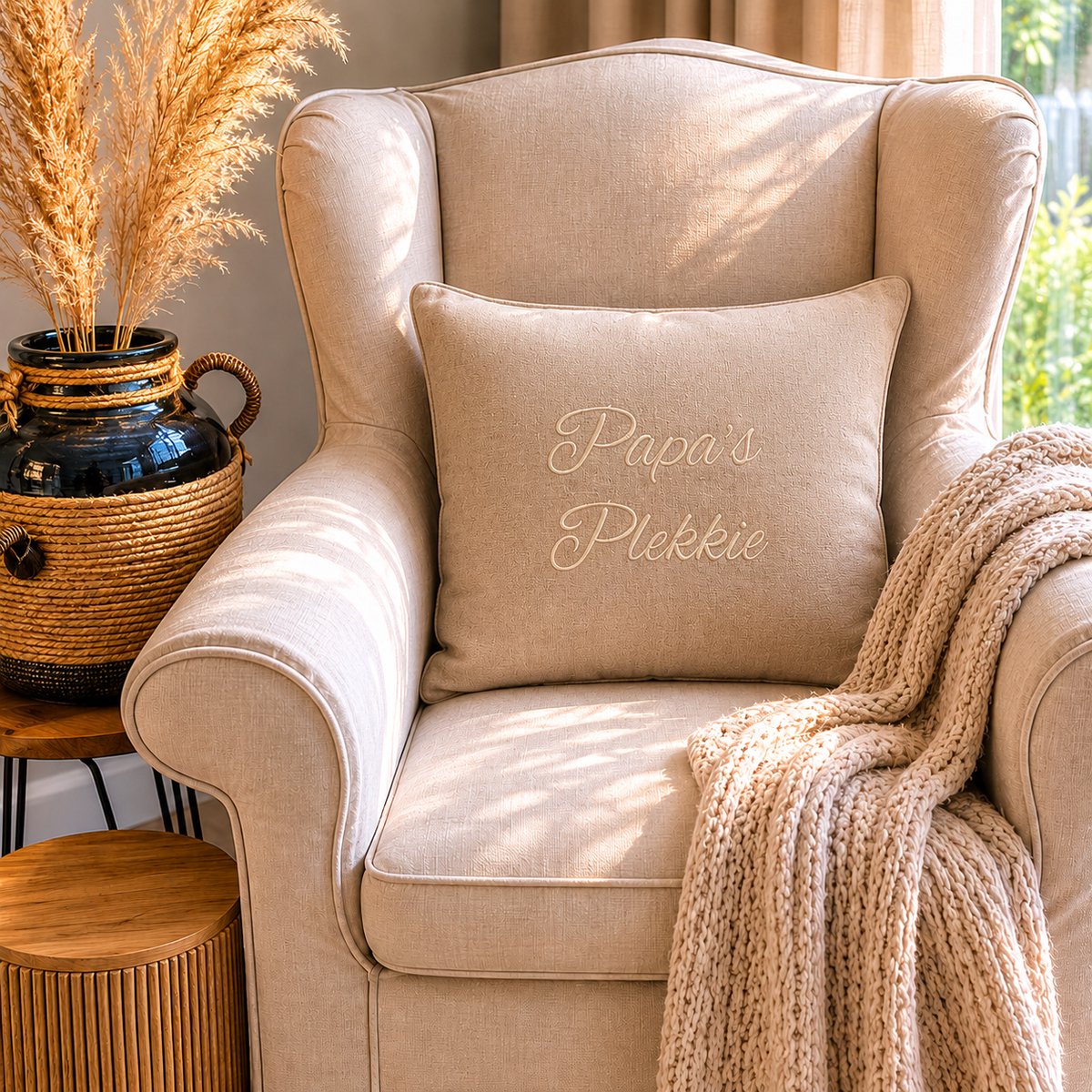 Maison Marcella Sierkussen Kussen met tekst bedrukt cadeau papa| papa’s plekkie | beige met opdruk wit met vulling | 50x50 cm | vaderdag verjaardag man feestdagen sinterklaas kerstmis