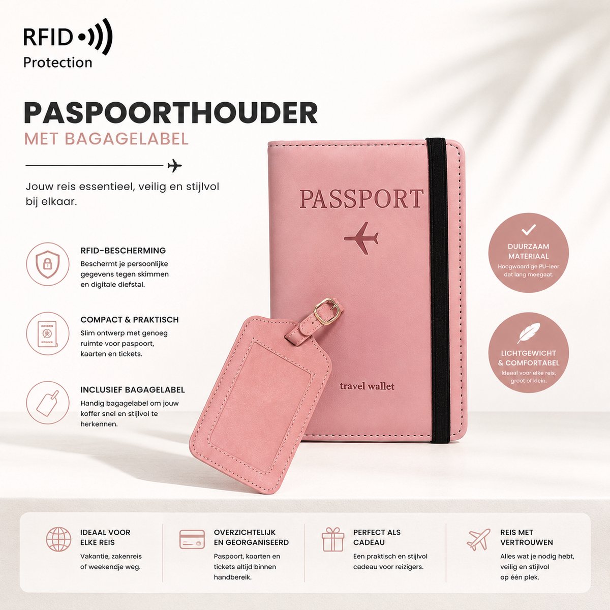 Paspoort hoesje met Bagagelabel (set) - Paspoorthouder beschermhoes cover voor paspoort & kaarthouder - RFID bescherming - Roze