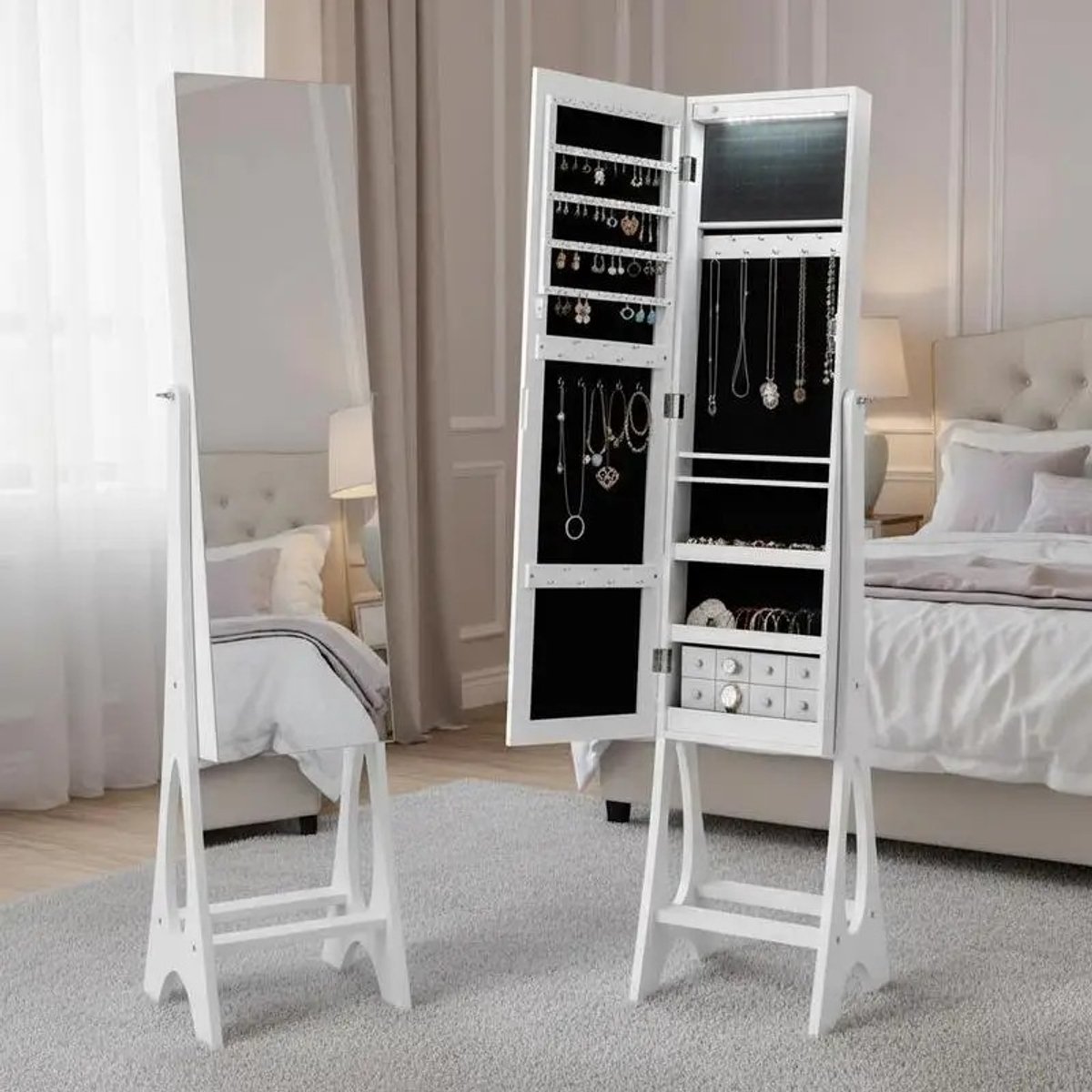 Dailygoods Vrijstaande sieradenkast met spiegel met afgeschuinde rand - wit - AliExpress 1503