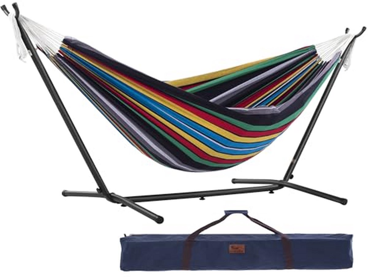 Katoenen hangmat - Met standaard - Ontspannen buiten - Inclusief draagtas - 250 cm - Nachtblauw