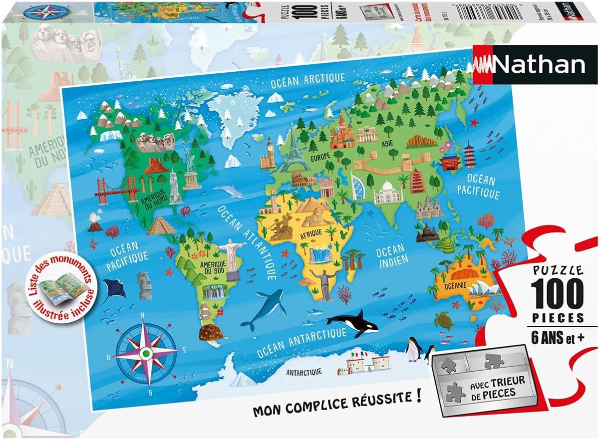 Kinderpuzzel - Legpuzzel Wereldkaart - Geografie Leren - Met Sorteermachine - 100 Stukjes - Multicolor