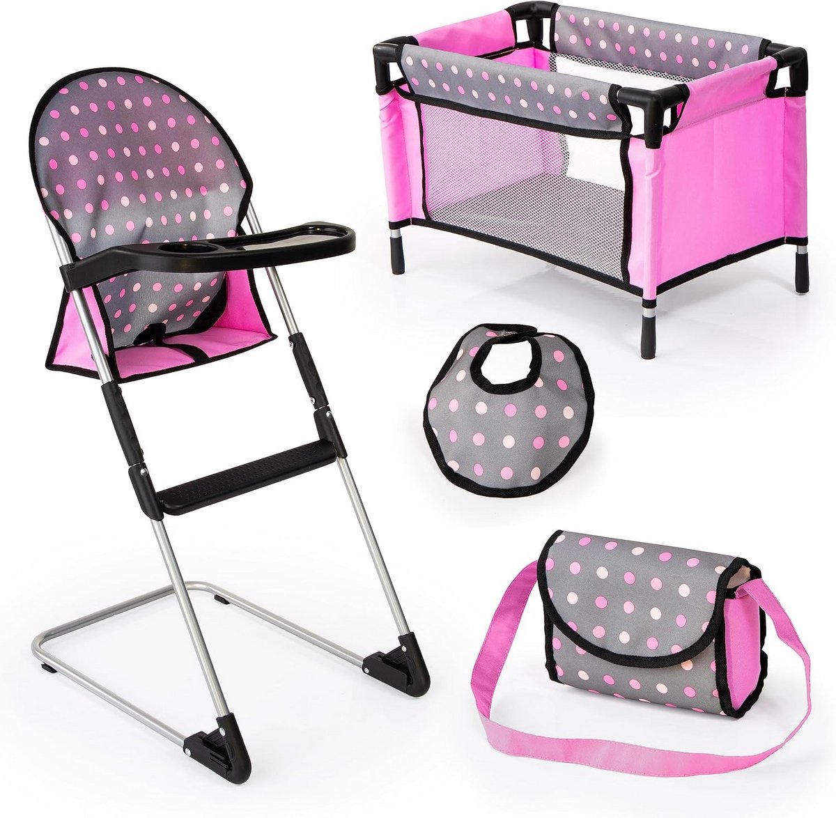 Poppen accessoireset - Poppenmeubels - Rollenspel - Inclusief reisbedje - Schaal 1:12 - Roze Grijs Wit