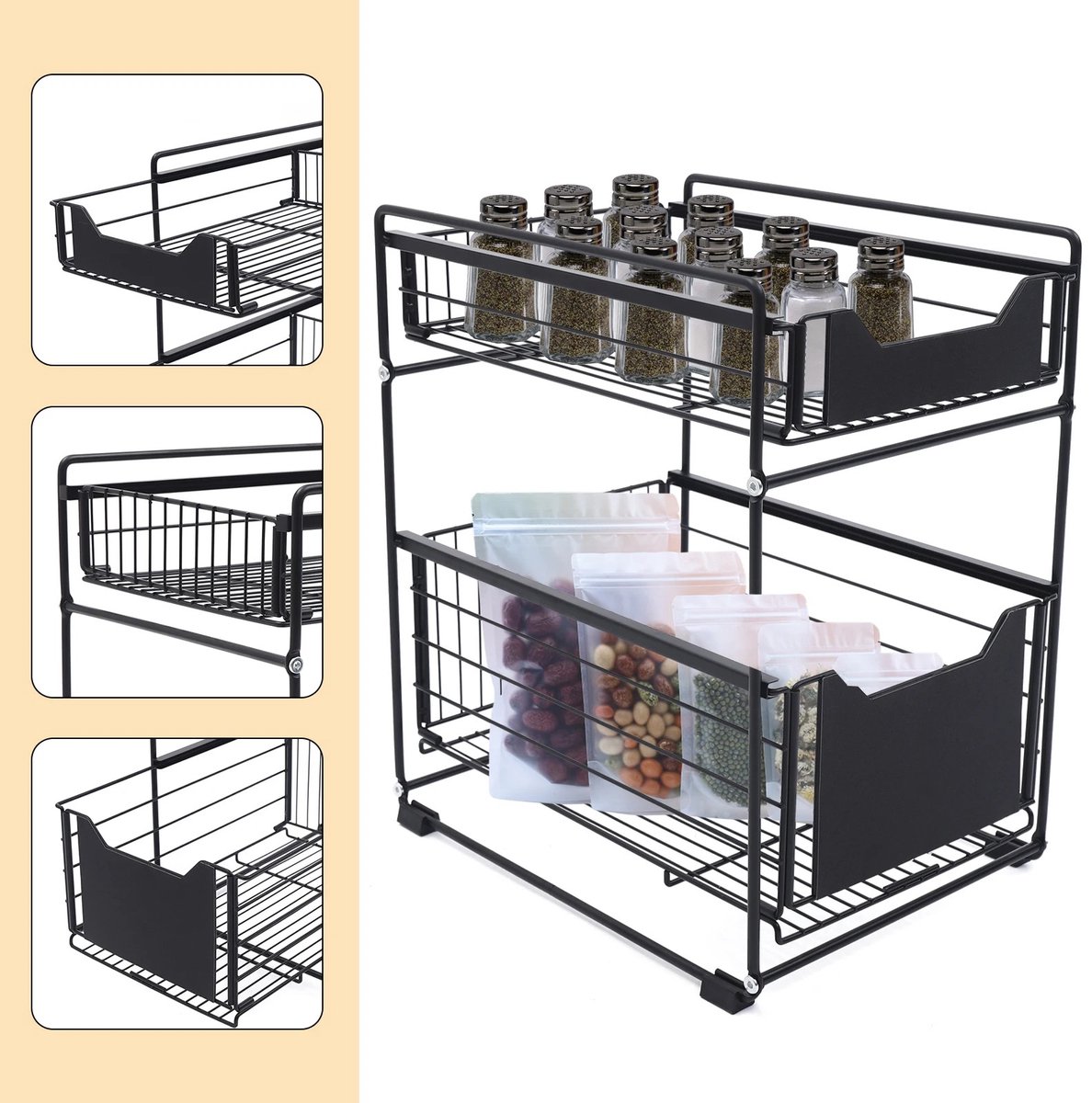 Dailygoods 2-laags zwart opbergrek, rechthoekig opbergrek van koolstofstaal, vrijstaand voor slaapkamers, badkamers, keu