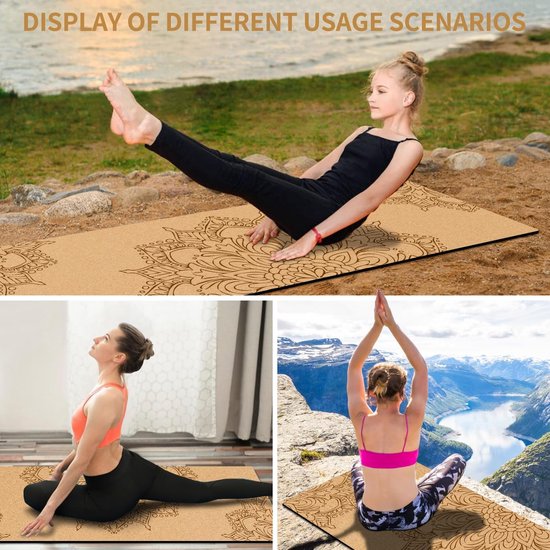 Yogamat Kurk - Oefenmat Pilates - Grip en Demping - Natuurlijk en Antislip - 183 x 61 cm - Mandala Design van Yogamat — afbeelding 2