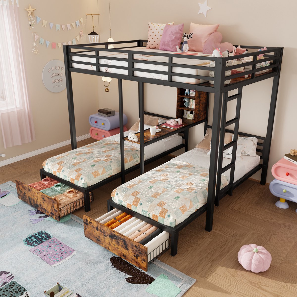 DESMIU Stapelbed 140x200 cm + 90x200 cm – 3 Slaapplaatsen met Hekken – Opbergnissen en 2 Lades – Kinderkamer – Metaal MDF – Zwart – Zonder matras