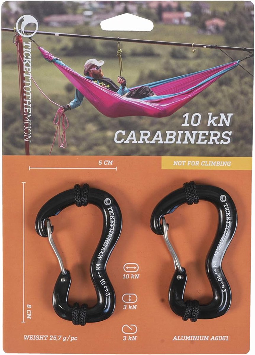 Karabijnhaak Set - Ophanghaken - Hangmat Bevestigen - Roestvrij Aluminium - 8 x 5 cm - Zwart