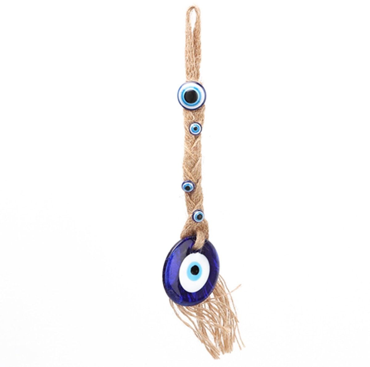 Dailygoods- Turks Oog - Blauw Amulet Geluksbrenger - Gemaakt van Gekleurd Glas - Handgemaakt - Jute Touw - Elegante Decoratie - Geluksamulet