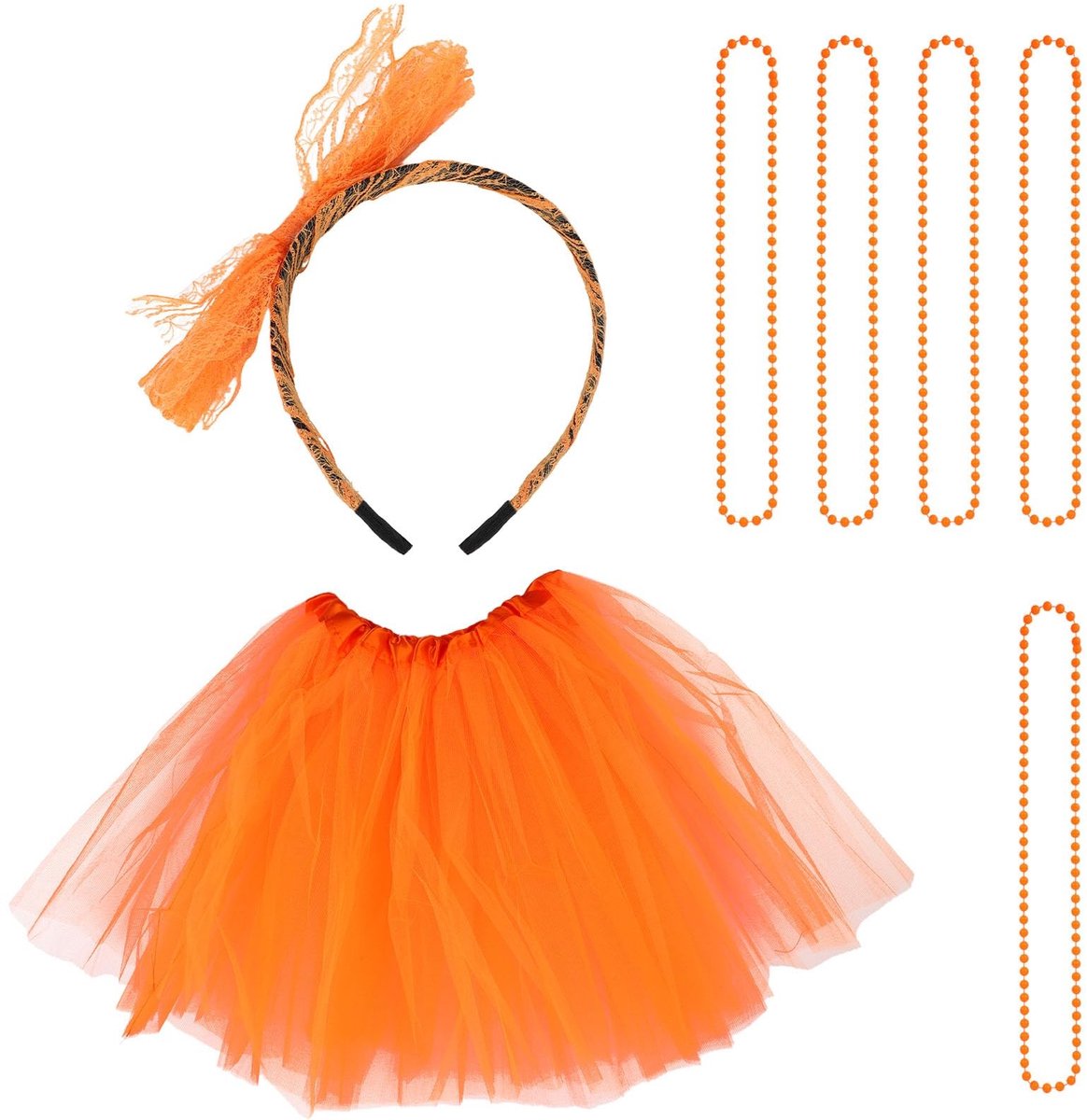 Dailygoods- Tutu Kostuum Jaren 80 - Oranje Tutu Rok 40 cm - Hoofdband 11 cm - 5 Kralen Kettingen - Perfect voor Halloween - Dansvoorstellingen - Feestkostuum