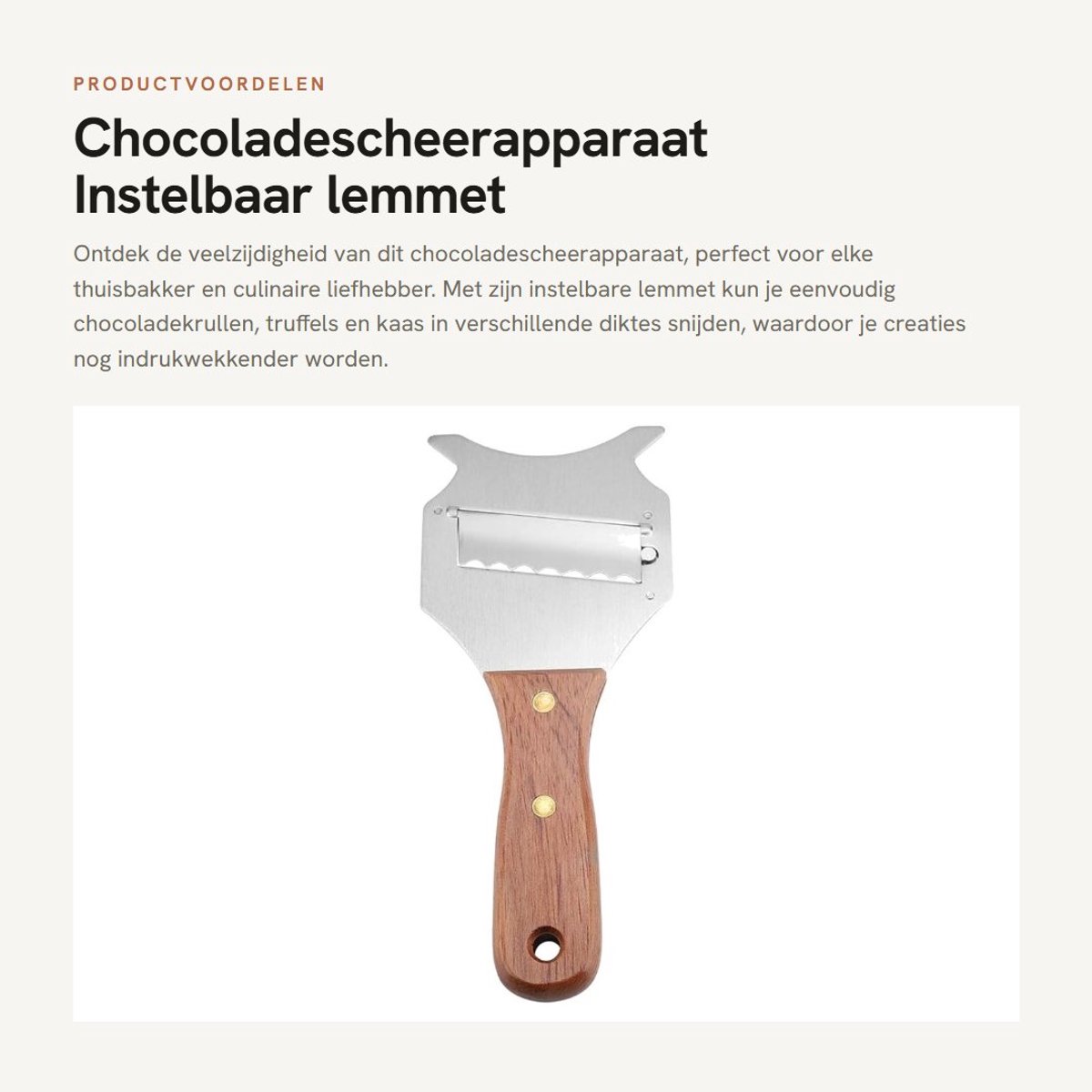 Dailygoods - Chocoladescheerapparaat - Instelbaar lemmet - Duurzaam roestvrij staal - Houten handvat - Voor chocolade en kaas - Handmatig gebruik