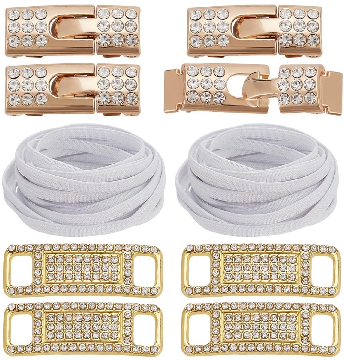 Dailygoods- Elastische Veters 1200 mm - 12 Stuks - Strass Hangers - Glinsterende Gespen - Polyesterkoord - Uniek Ontwerp - Schoenveters