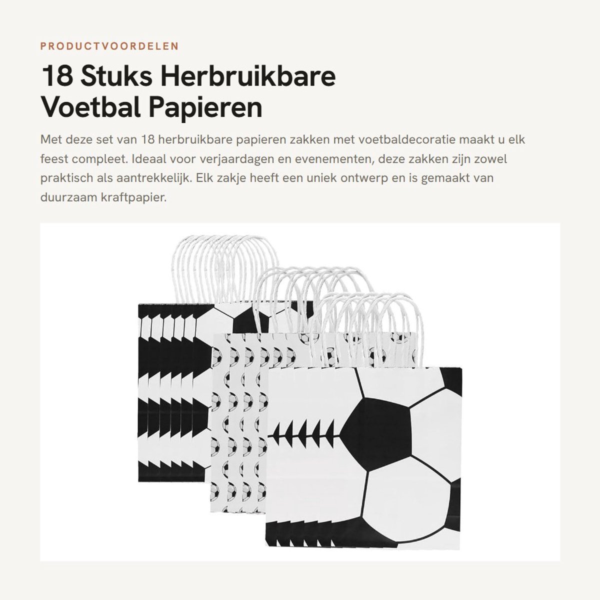Dailygoods- Papieren Zakken Herbruikbaar - Voetbal Cadeauzakjes - 18 Stuks - Kraftpapier - Lichtgewicht - Duurzaam
