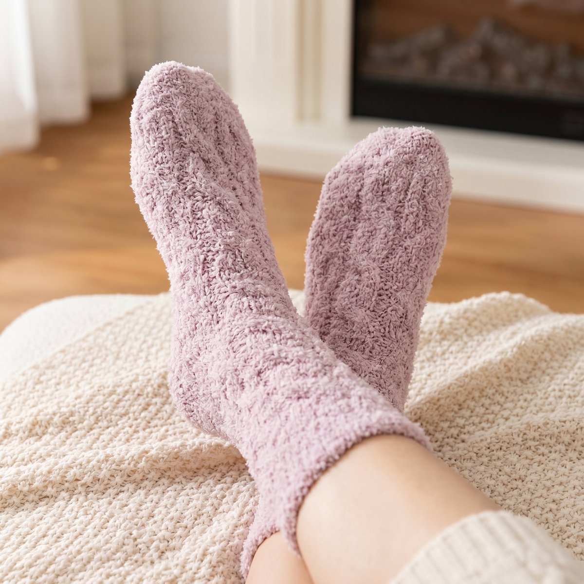 Fluffy dames sokken - huissokken - paars - leuke print vlecht - 36 - 40 - cadeau voor haar - geschenk vrouwen - gift -zacht