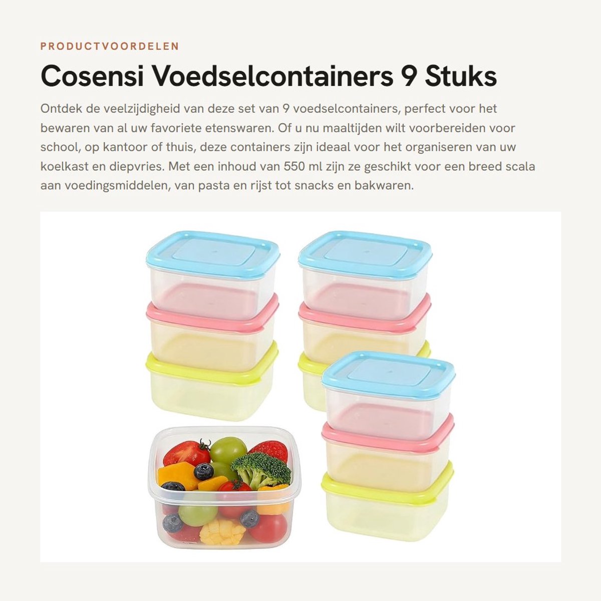 Dailygoods- Voedselcontainers 9 Stuks - 550ml - Stapelbaar - Luchtdicht - Plastic - Transparant/Kleurig - Temperatuur -20°C tot +100°C - Opbergdozen