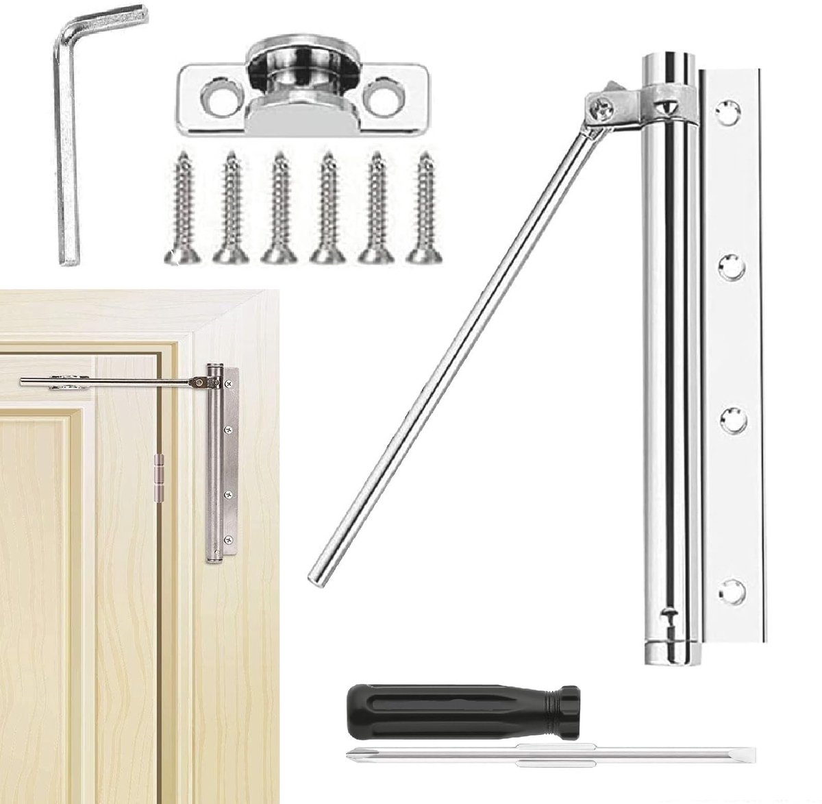 Dailygoods- Deursluiter Automatische Stangdeursluiter - Instelbare Deurbeschermer - Roestvrij Staal - Voor Binnen/Buiten - Voor Kamerdeuren/Tuinpoort