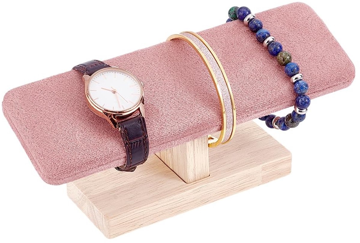 Dailygoods- Sieradenorganizer Houten T-Bar - Sieradenhouder - Sieradenstandaard voor Kettingen - Horloge Display - Roze - 19,6 cm Breed