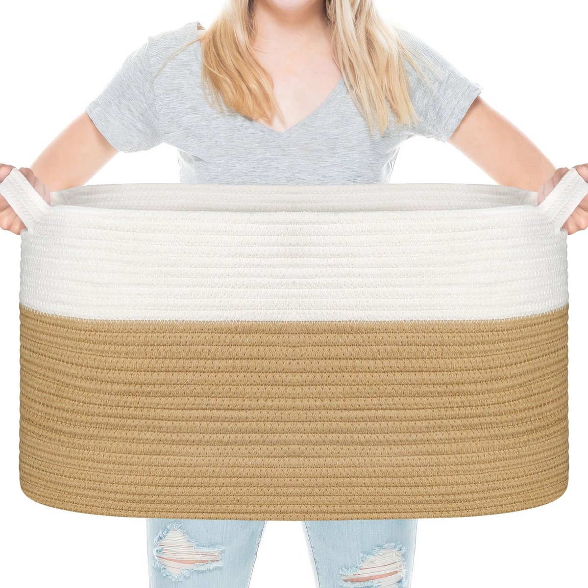 Dailygoods- Wasmand 65 L - Opbergmand - Speelgoedmand - Opvouwbaar - Jute/Wit - 55 x 38 cm - Geschikt voor was en speelgoed
