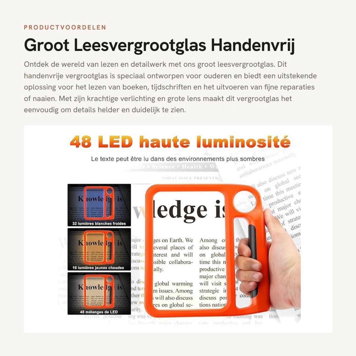 Dailygoods - Groot Leesvergrootglas - Handenvrij Vergrootglas - Verlicht - Oranje - Geschikt voor Ouderen - Voor Lezen en Reparaties