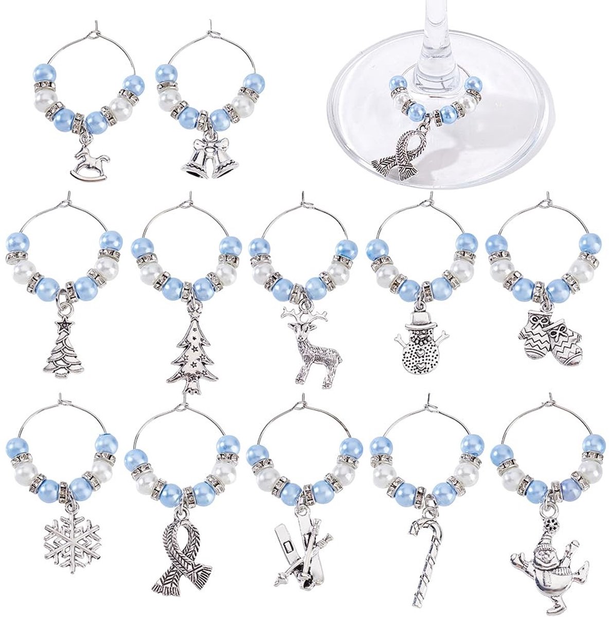 Dailygoods- Wijnglas Charms 12 Stuks - Herbruikbare Drankmarkers - Kerstmotieven/Sneeuwvlokken/Rendieren/Kerstbomen - Duurzaam Metaal - Feestelijke Identifiers voor Bijeenkomsten