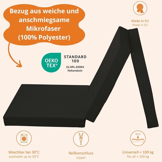 Opvouwbare Matras - Logeerbed Noodbed - Flexibel Gebruik - Oeko-Tex Gecertificeerd - 196 x 65 cm - Zwart — afbeelding 3