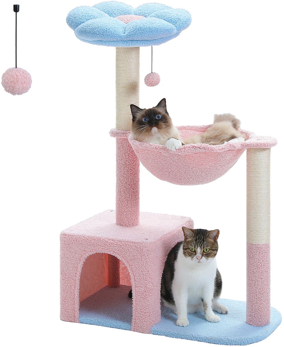 Hutjemutje - krabpaal - kattenboom - kattenmand - bloemen zitting - met hangmat - pluche - 93x62x34 cm - met sisal - roze & blauw