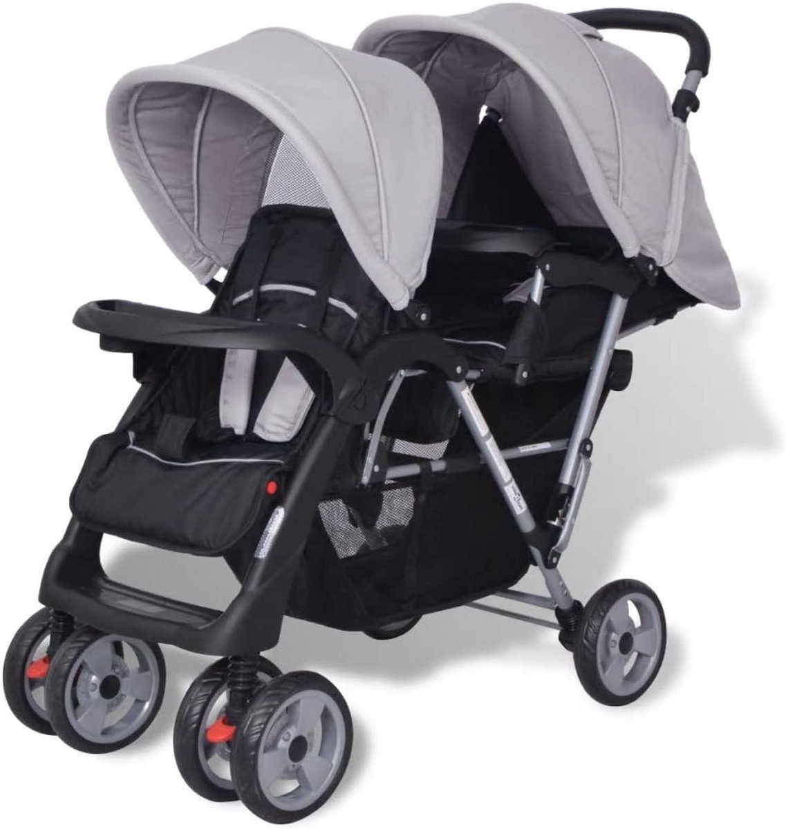 Dubbele Kinderwagen - Tweeling Buggy - Kinderen Vervoeren - Inklapbaar Ontwerp - 118 cm Hoog - Grijs Zwart