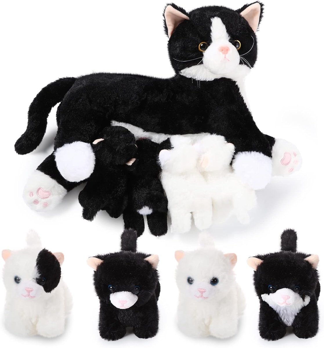 Kattenknuffel met kittens - Pluche speelgoed - Verhaaltijd spelen - Magnetische verbinding - 40 cm moeder - Donzige stijl