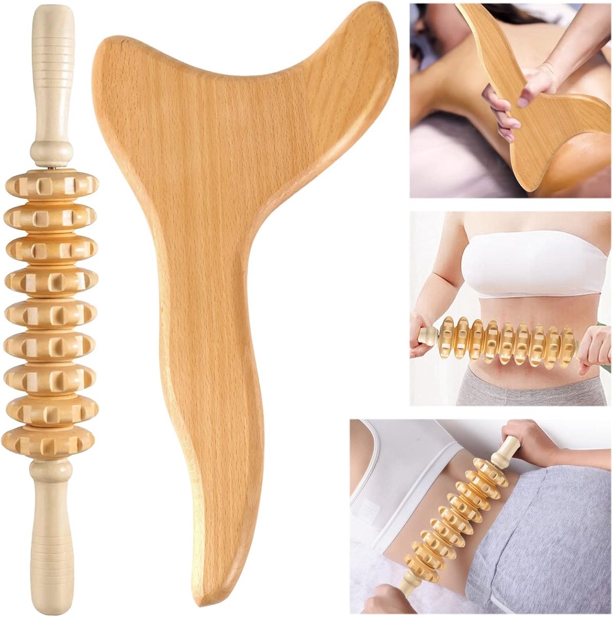 Gua Sha Gereedschap - Houttherapie Massage - Lymfedrainage Bevorderen - Natuurlijk Hout Materiaal - 2 Stuks - Houtkleur