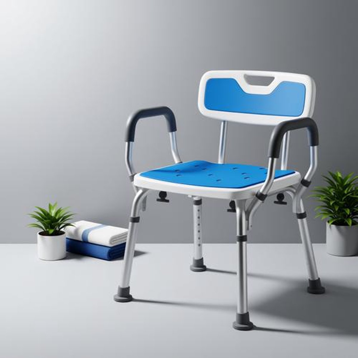 Douchestoel met afneembare rugleuning en armleuningen - antislip - in hoogte verstelbaar - wit en blauw