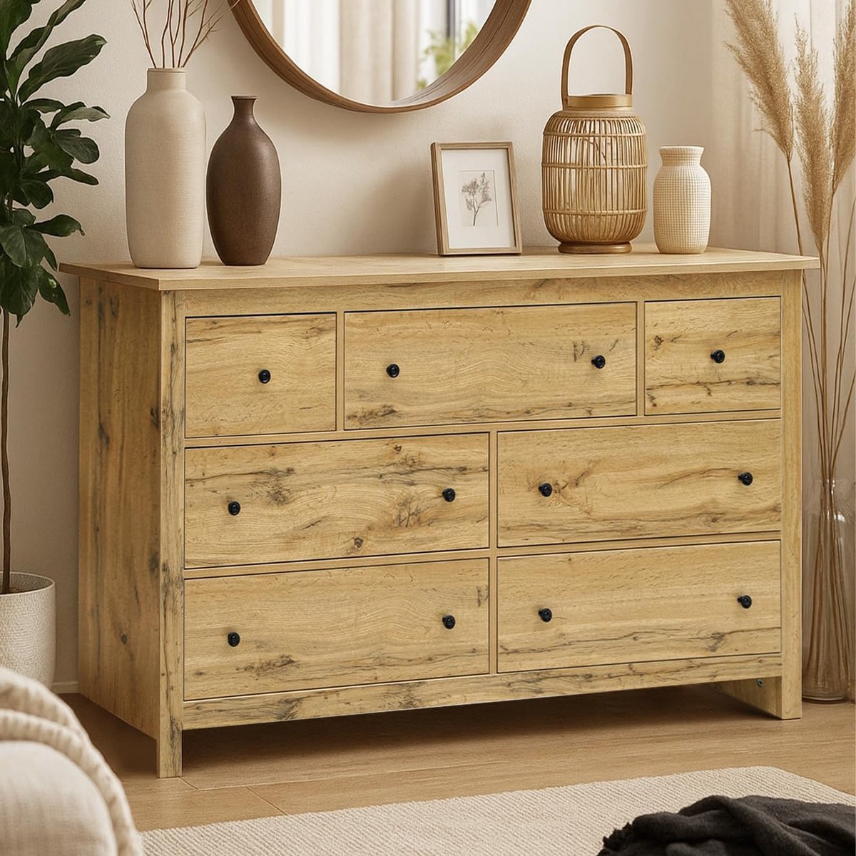 Commodekast met laden - Opbergkast dressoir - Efficiënte organisatie - 7 praktische laden - 152 x 89 cm - Naturel