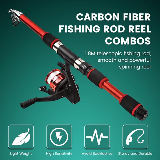 Kinder Vishengel Set - Telescoophengel Compleet - Vissen Leren - Lichtgewicht Carbon Fiber - 1.5 Meter - Rood van Kinder — afbeelding 5